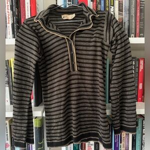 Vintage French gold and silver on black shiny metallic yarn striped sailor shirt